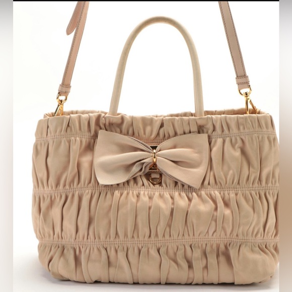 Prada Nappa Gaufre Leather Hand and Shoulder Bag with Bow - Picture 1 of 16